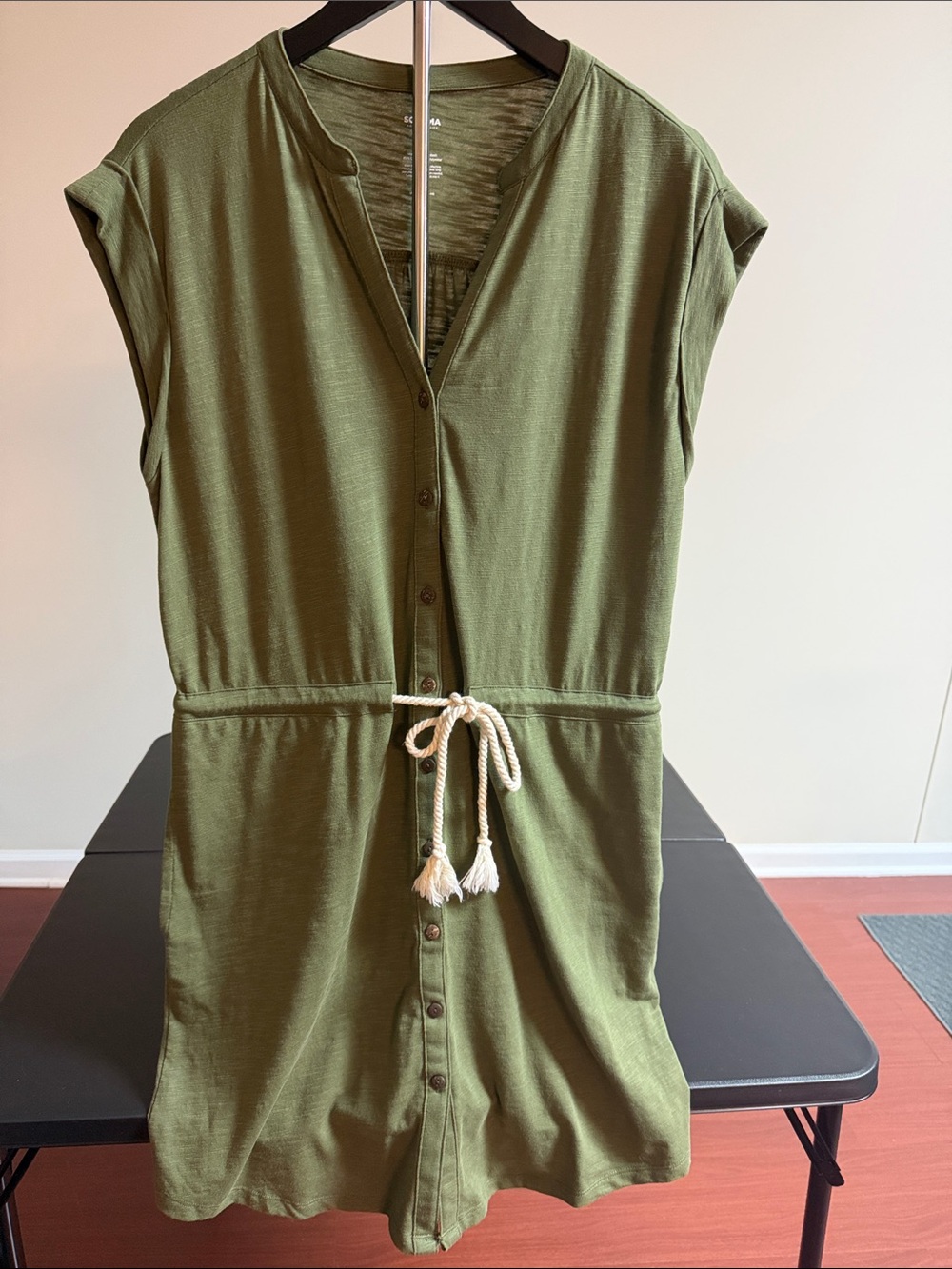 Sonoma Olive Green Button-Front Drawstring Mini Dress